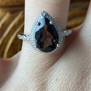 Brazilian Smoky Quartz White Diamond Sterling Silver Ring Size 7.75